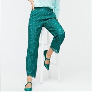 J. Crew Peyton high rise pull on wide leg pants in green lace holiday feminine